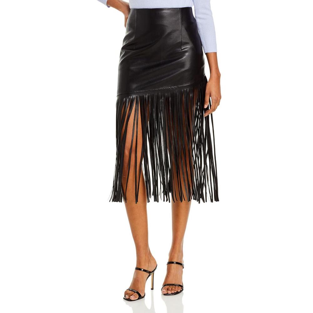 Bagatelle Womens Black Vegan Leather Fringe Mid-Calf Midi Skirt NWT